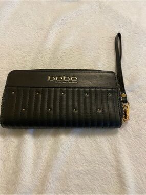 bebe Black Quilted Wristlet Wallet with Gold Accents